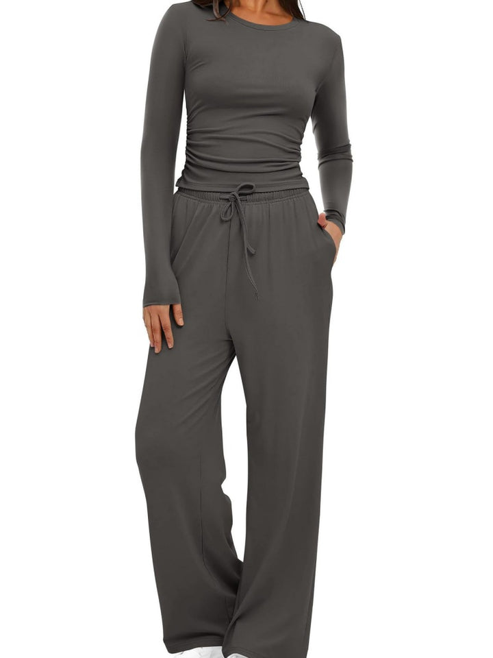 Ruched Long Sleeve Top &amp; Drawstring Wide Leg Pants Set