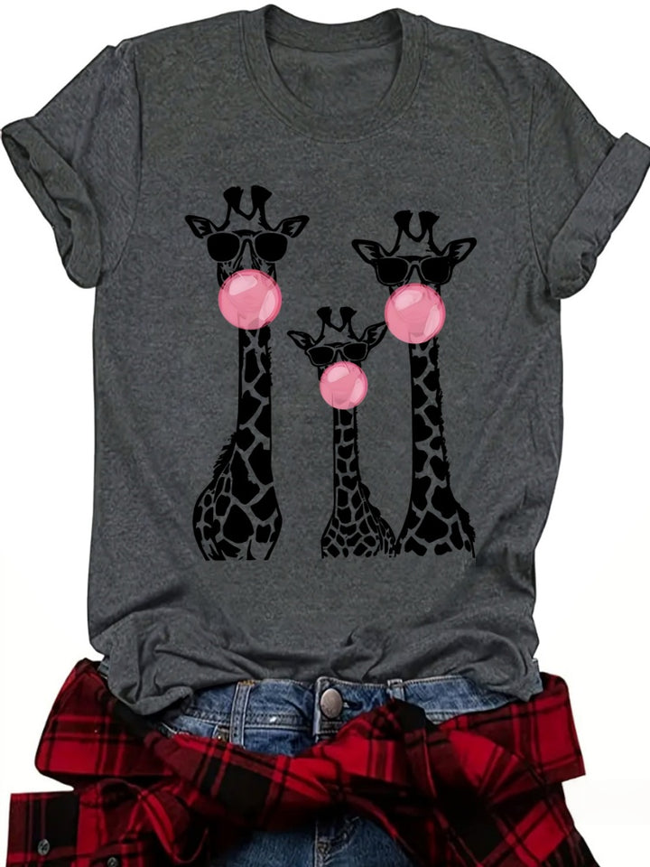 Funny Giraffe Family Bubblegum Print Crew Neck T-Shirt