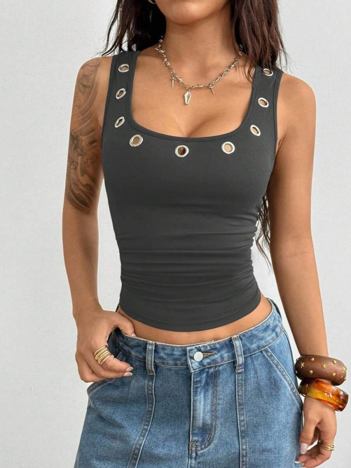 Eyelet Crop Tank Top - Square Neck Sleeveless Fitted Camisole