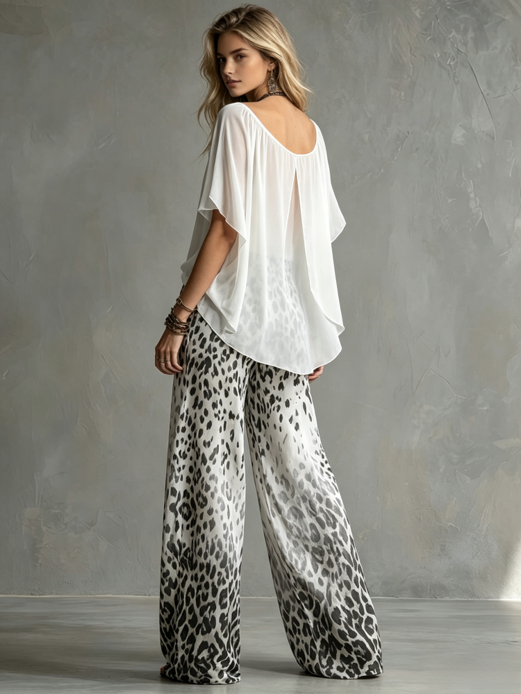 Chiffon top and leopard-print wide-leg trousers two-piece set