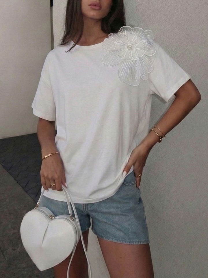 3D floral drawstring short-sleeved knit sweater