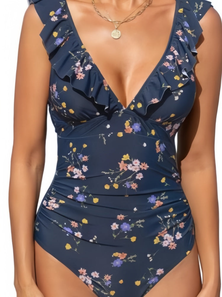 Ruffle V-Neck One Piece Swimsuit – Tummy Control Floral Swimwear