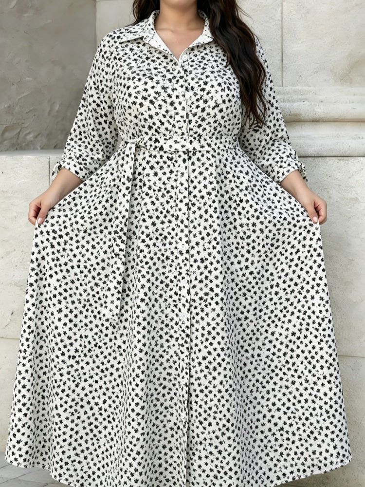 Polka Dot Tie Cuff Shirt Maxi Dress with Pockets