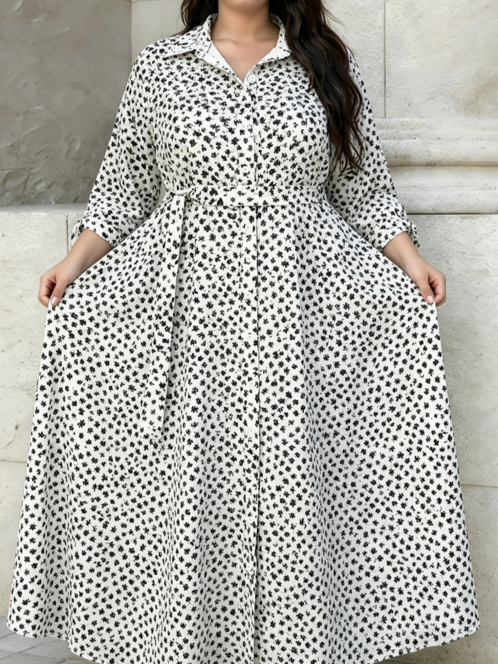 Polka Dot Tie Cuff Shirt Maxi Dress with Pockets