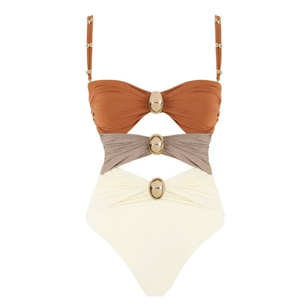Beaded Strap Cutout Twist Front Swimsuit &amp; Wrap Skirt Set