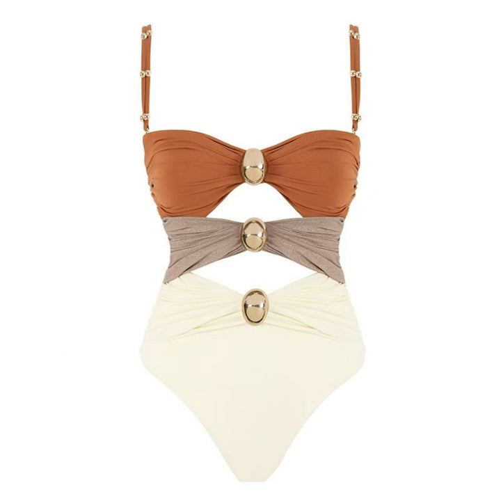 Beaded Strap Cutout Twist Front Swimsuit &amp; Wrap Skirt Set