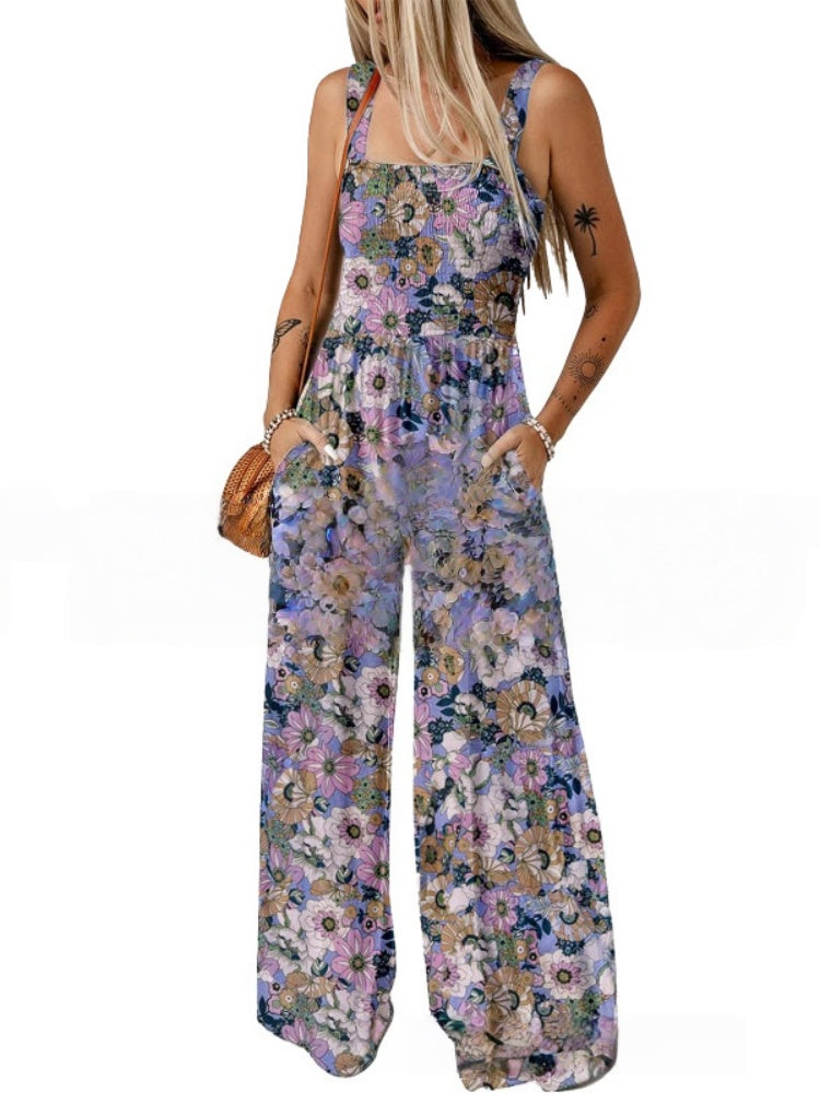 Smocked Square Neck Wide Leg Floral Jumpsuit