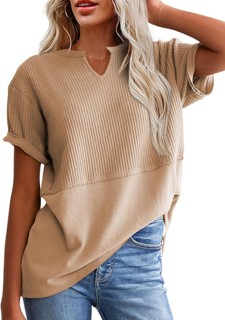 V-neck pullover shirt with belted waist
