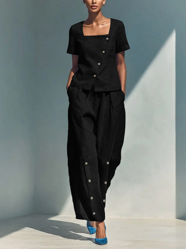 Stylish solid color loose short-sleeved top and high-waisted trousers two-piece set