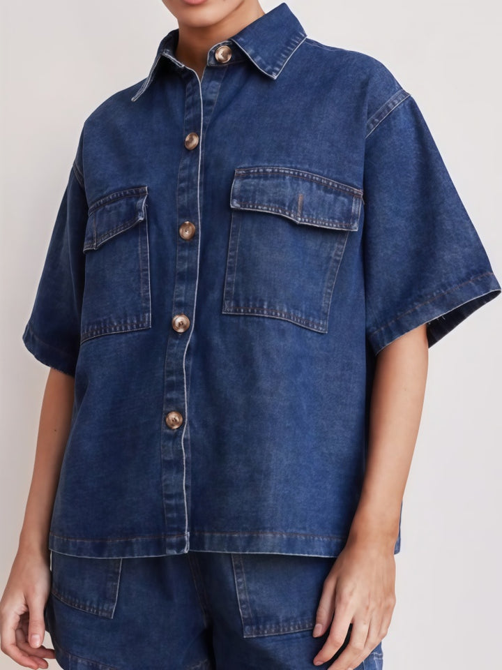 Denim Short Sleeve Shirt &amp; Elastic Waist Shorts Two-Piece Set