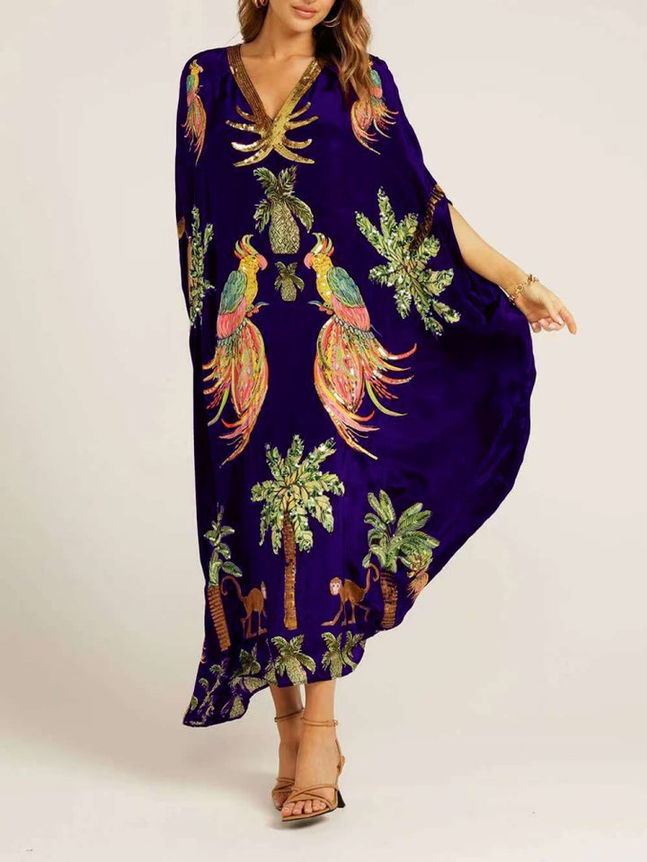 Sequin Tropical Print Kaftan Maxi Dress