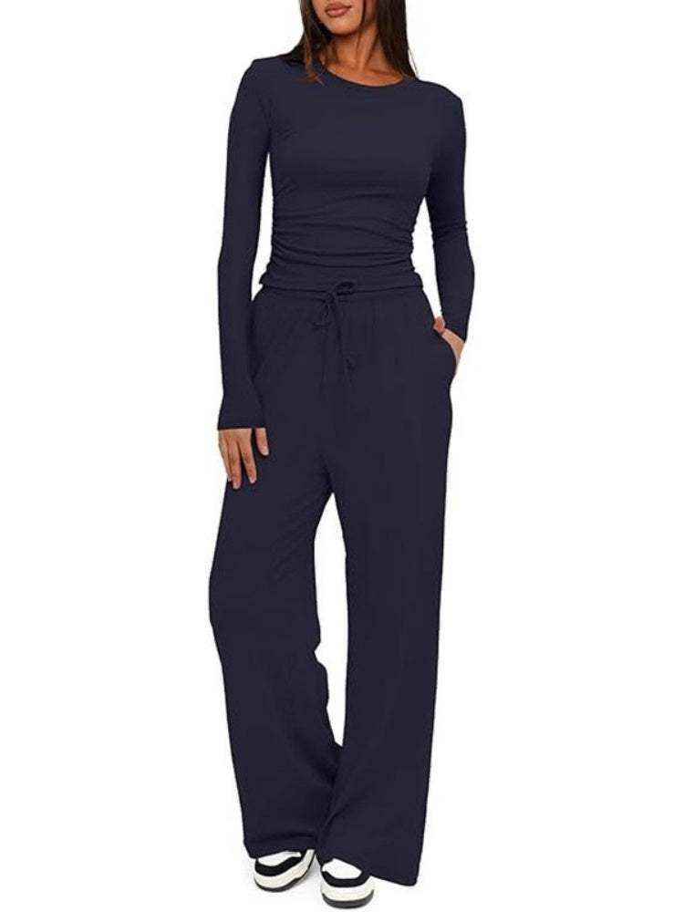 Ruched Long Sleeve Top &amp; Drawstring Wide Leg Pants Set