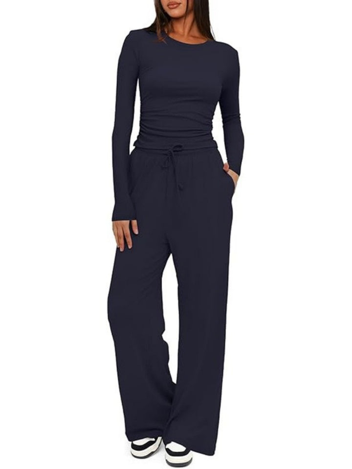 Ruched Long Sleeve Top &amp; Drawstring Wide Leg Pants Set