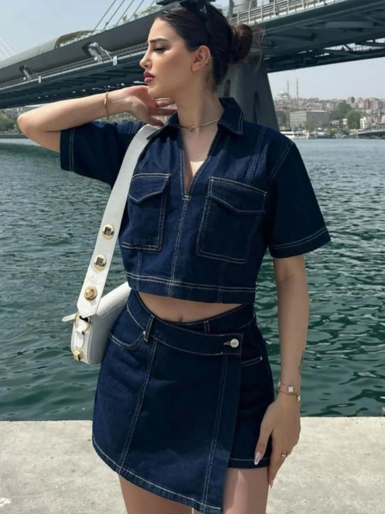 Cargo Pocket Cropped Denim Top &amp; Wrap Skort Two Piece Set