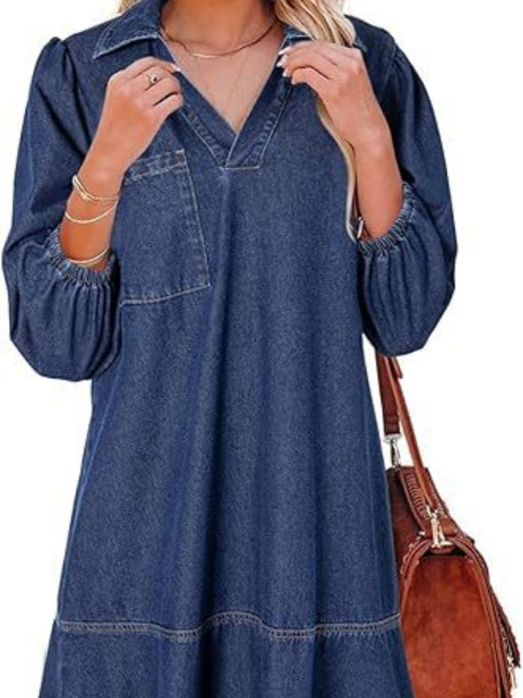 Collared V Neck Puff Sleeve Tiered Denim Midi Dress