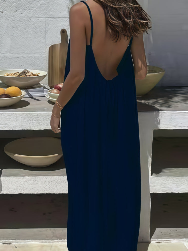 Spaghetti Strap Open Back Pleated Maxi Dress