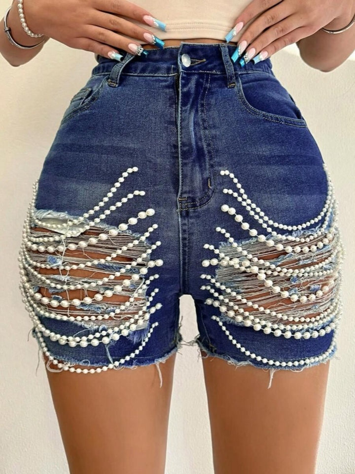 High Waist Ripped Pearl Beaded Denim Shorts