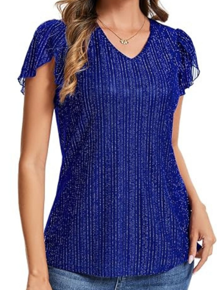 Shiny Pleated V-Neck Flutter Sleeve Top