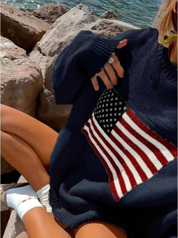 American Flag Oversized Knit Sweater - Soft Arctic Fleece Pullover