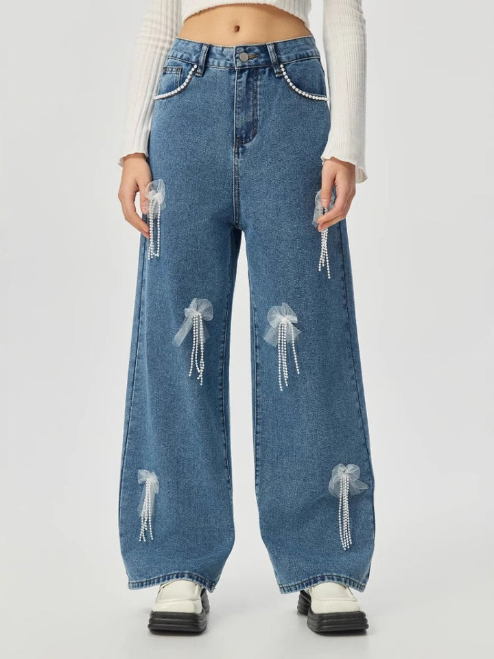 High Waist Wide Leg Jeans With Tulle Bow &amp; Pearl Tassel Decor