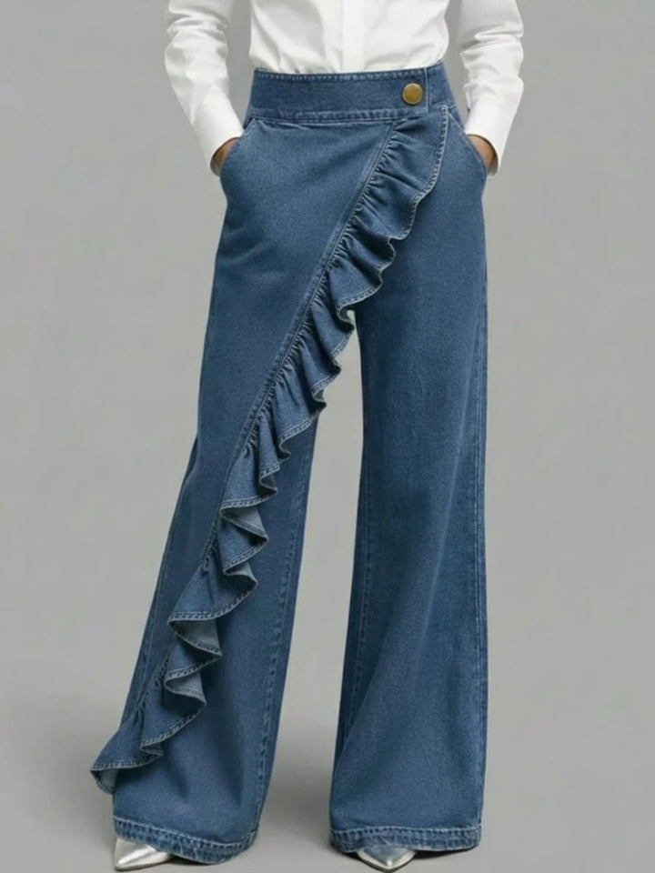 Ruffle Trim High Waist Wide Leg Jeans - Asymmetric Flared Denim Pants
