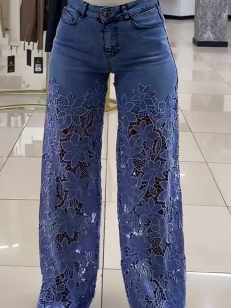 High Waisted Wide Leg Lace Panel Jeans