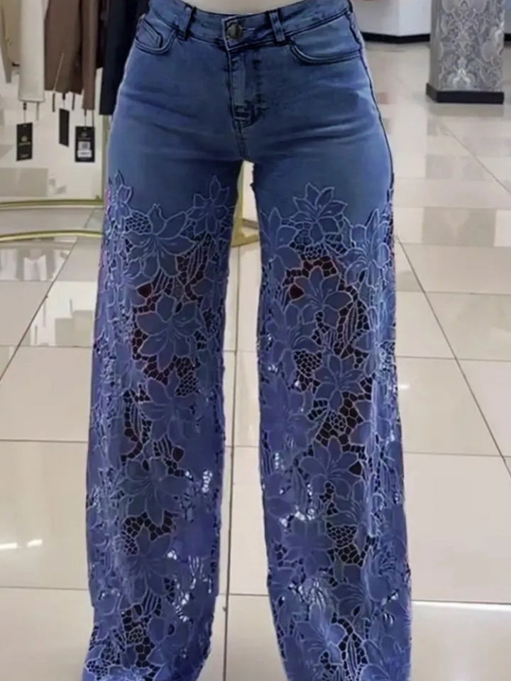 High Waisted Wide Leg Lace Panel Jeans