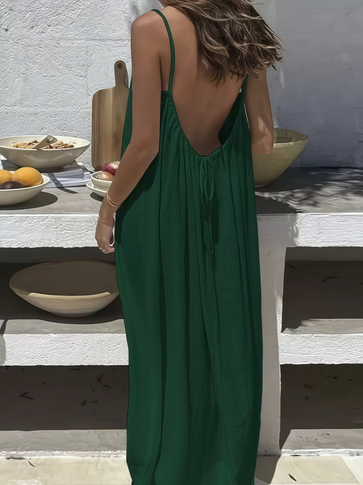Spaghetti Strap Open Back Pleated Maxi Dress