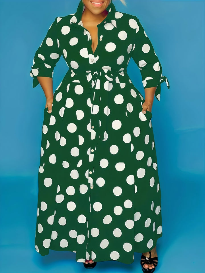 Polka Dot Tie Cuff Shirt Maxi Dress with Pockets