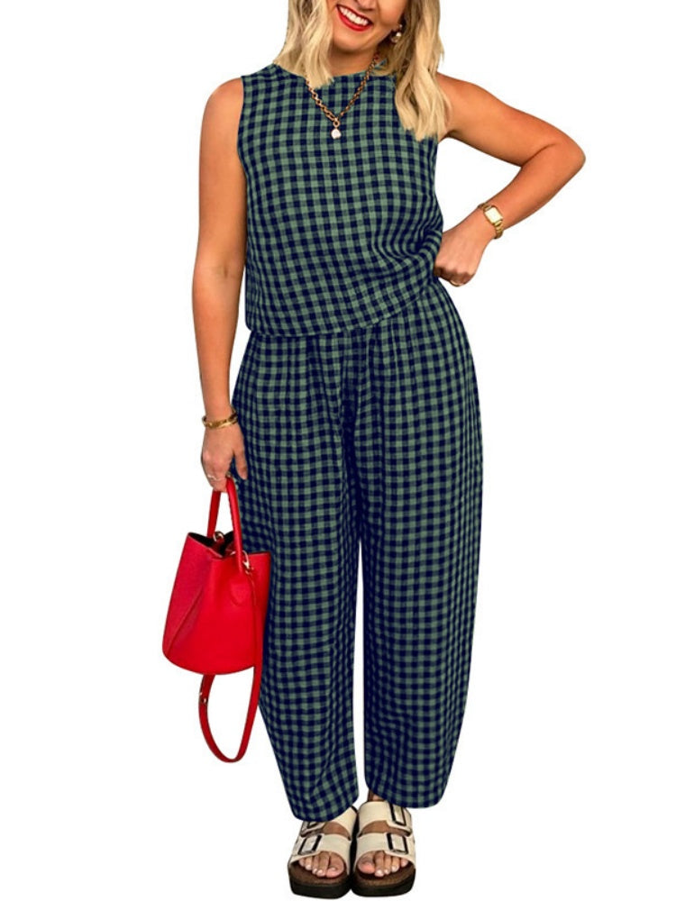Gingham 2-Piece Sleeveless Top &amp; Wide Leg Pants Set
