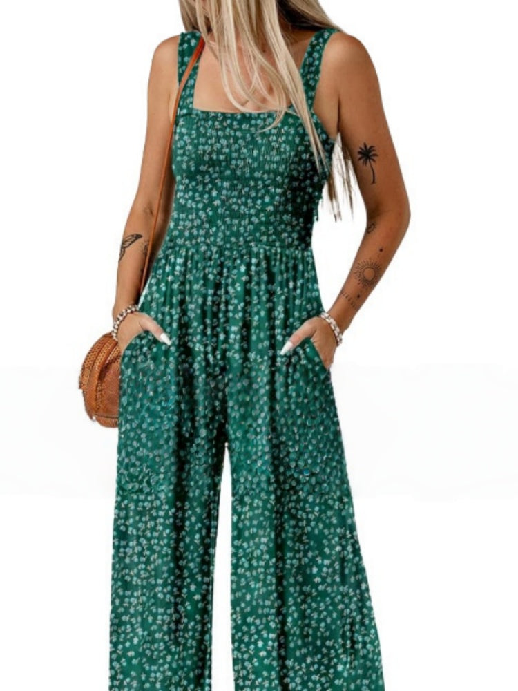 Smocked Square Neck Wide Leg Floral Jumpsuit