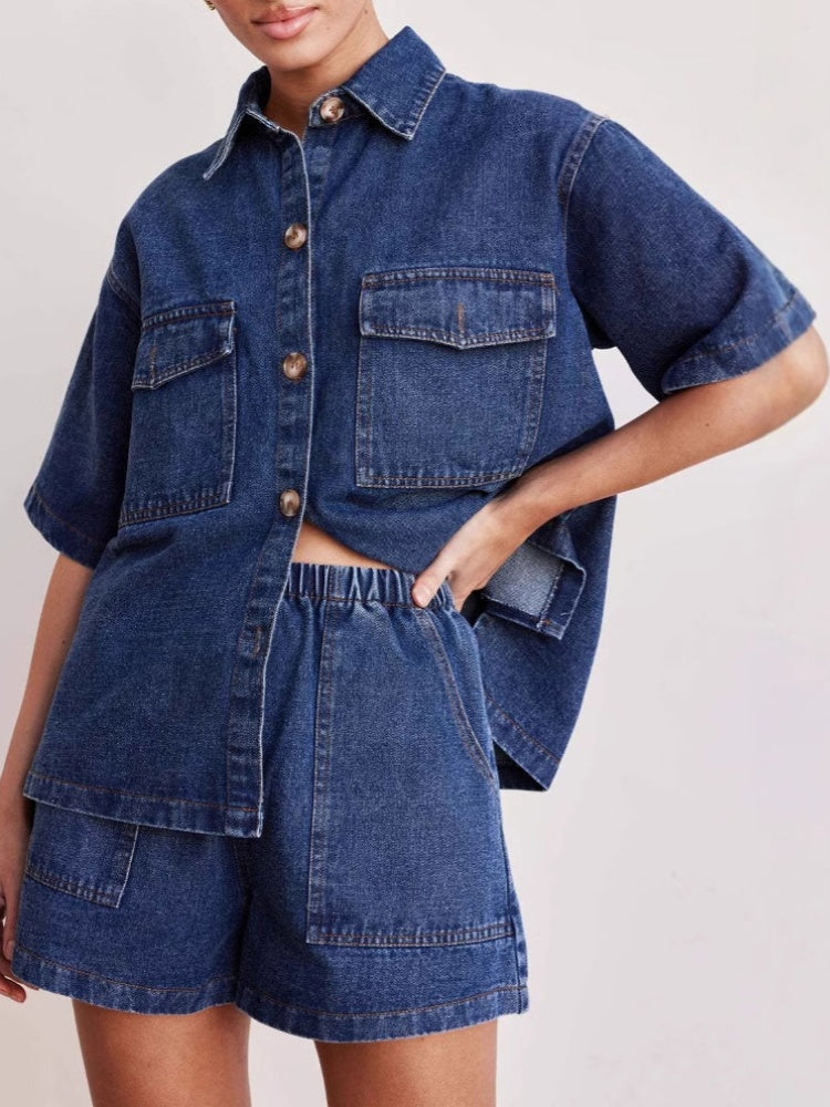 Denim Short Sleeve Shirt &amp; Elastic Waist Shorts Two-Piece Set