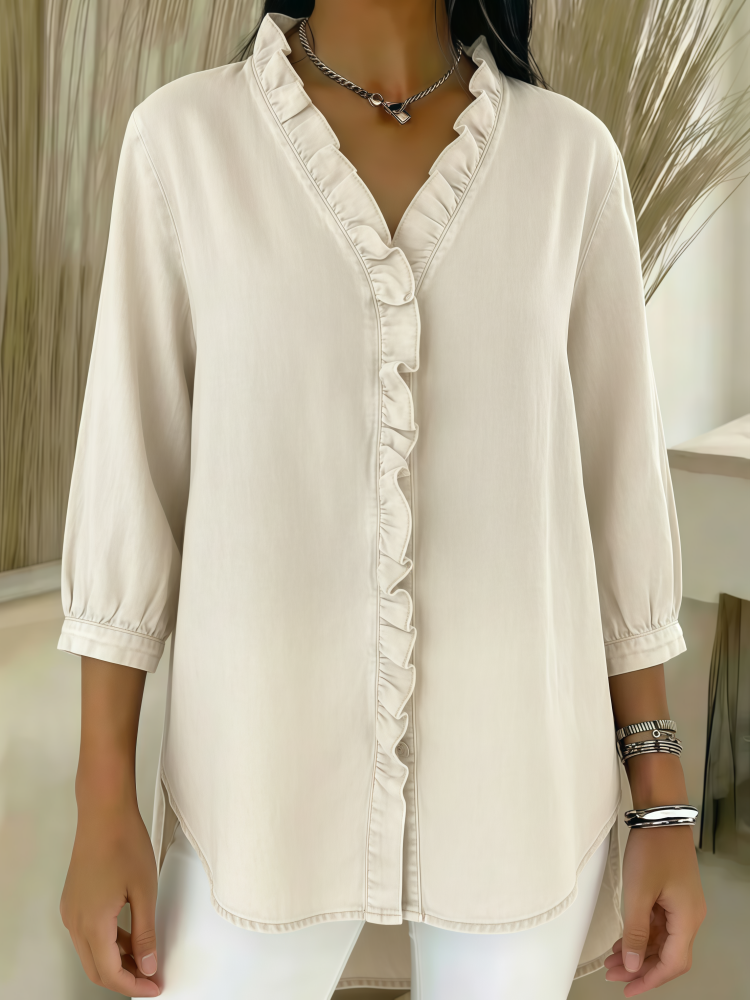 Ruffled V-Neck Denim Button-Down Blouse