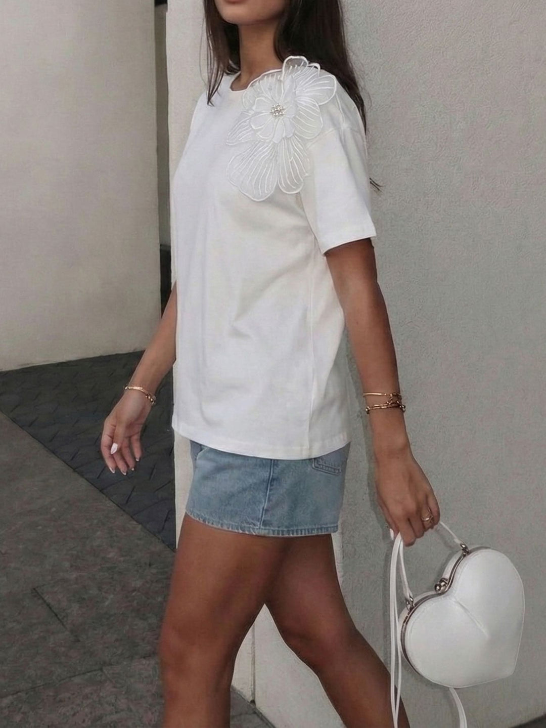 3D floral drawstring short-sleeved knit sweater