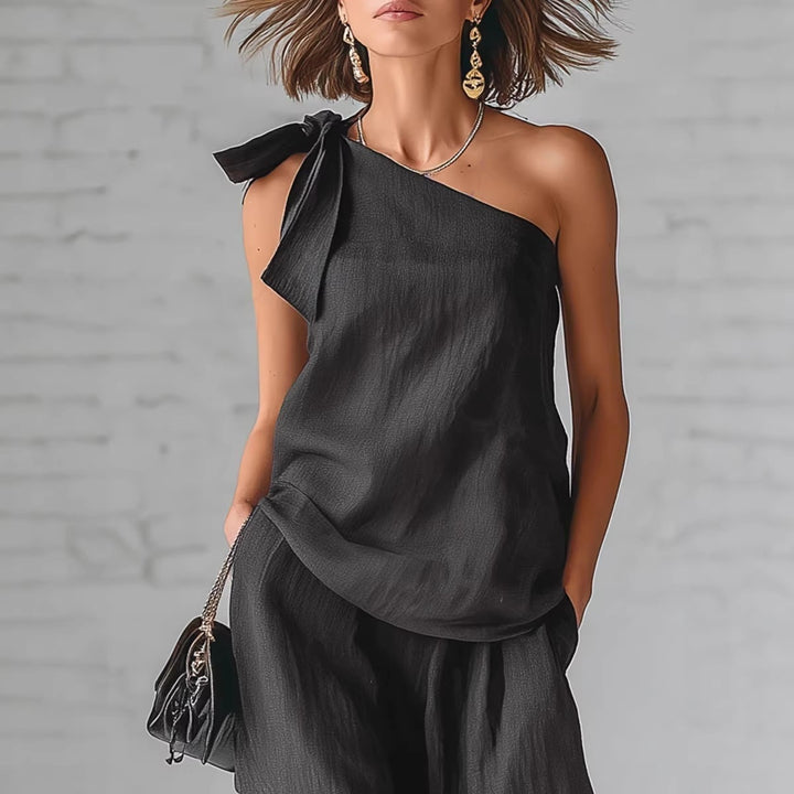 Sleeveless one-shoulder top with tie and wide-leg women&