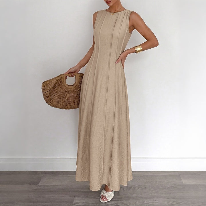Solid color sleeveless fitted waist striped drape dress
