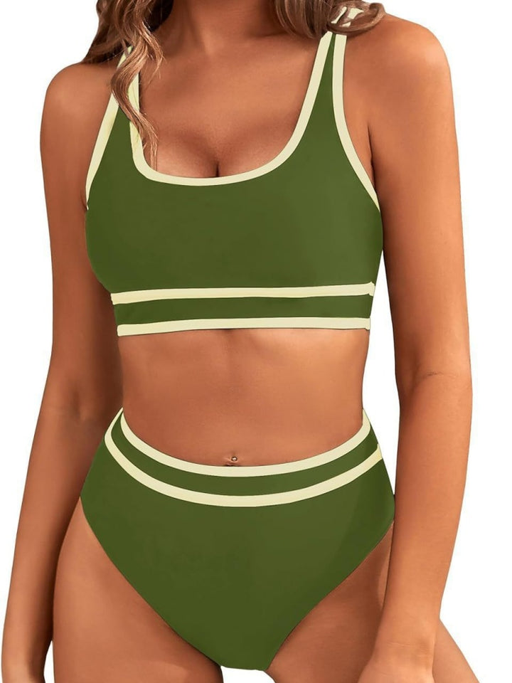 Contrast Trim Stripe High Waisted Bikini Set