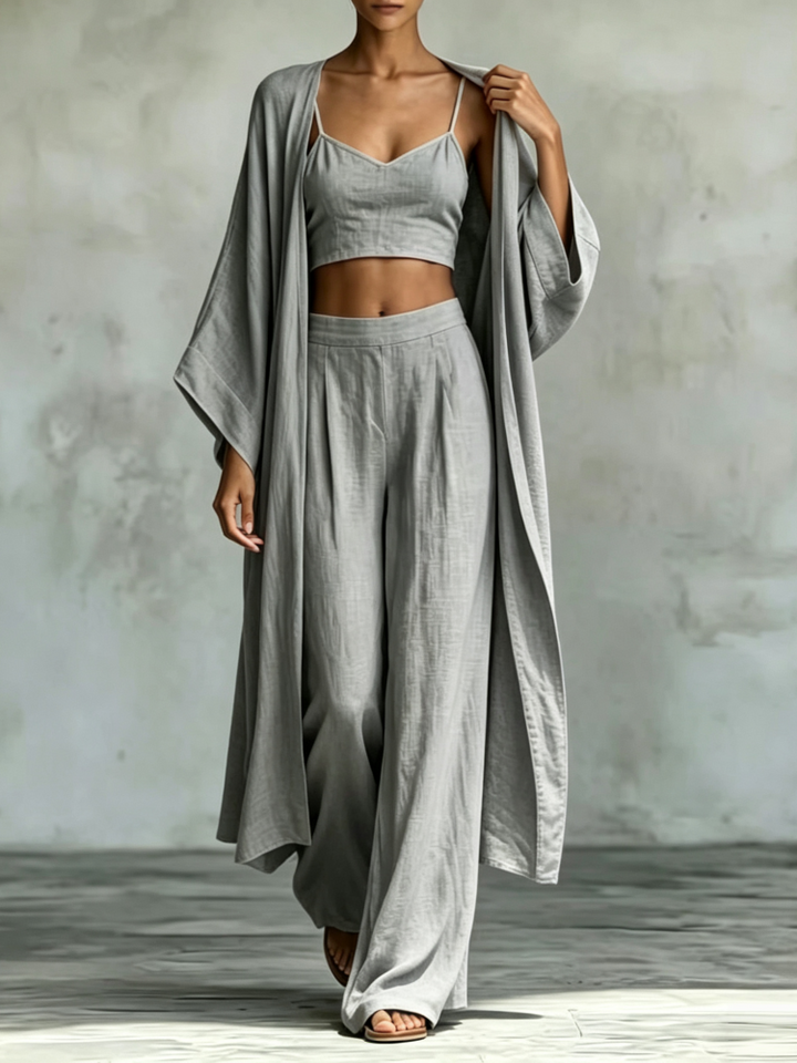 Loose cardigan, camisole, high-waisted wide-leg pants three-piece set