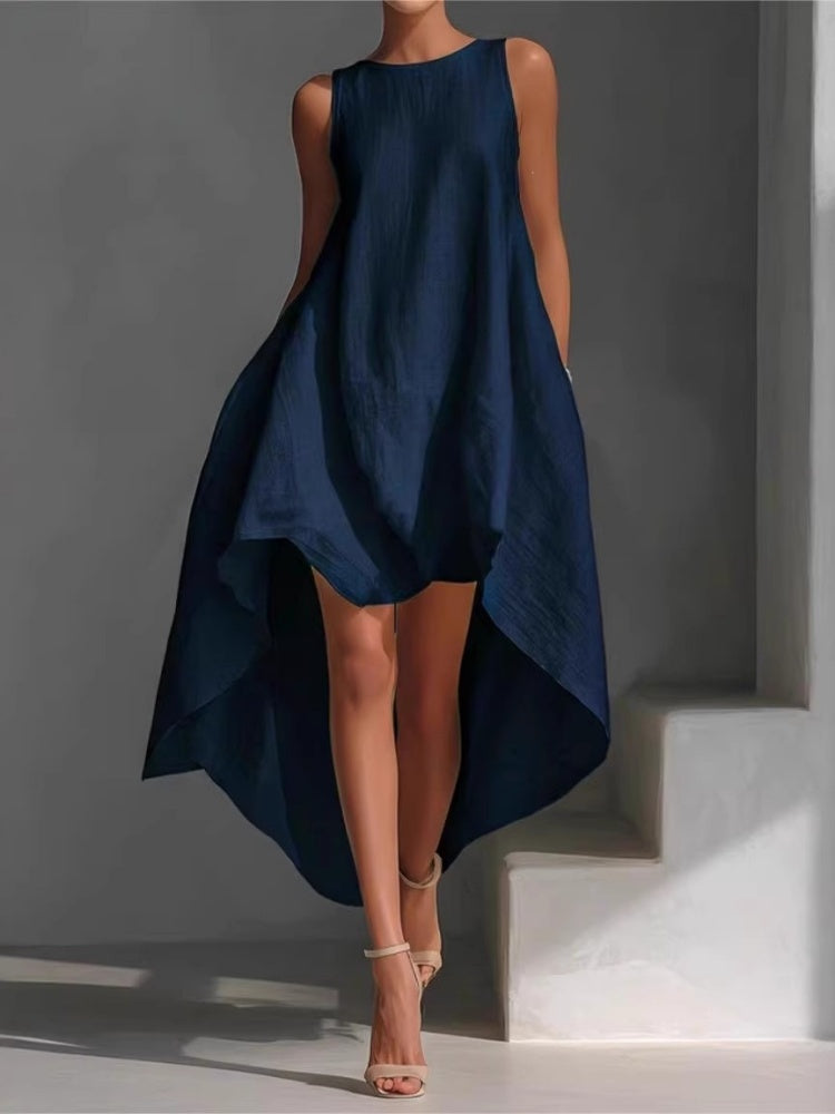Sleeveless cotton-linen dress with a high-low hem