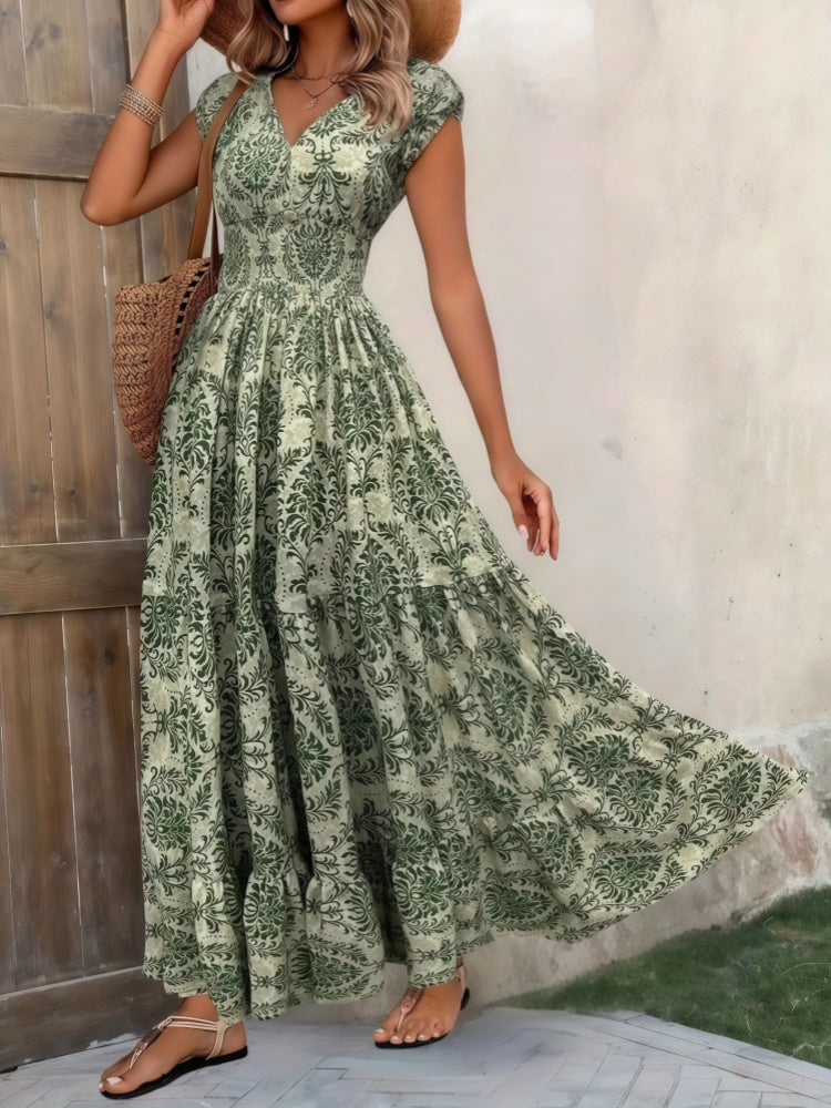 V-neck printed fitted waist maxi dress