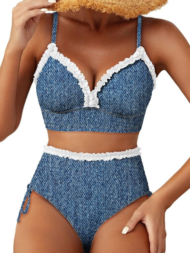 Ruffle Trim Striped High Waisted Bikini Set