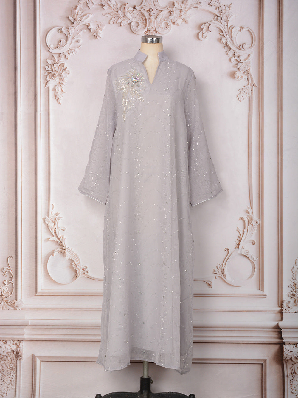 Crystal &amp; Floral Applique Embellished Abaya Maxi Dress