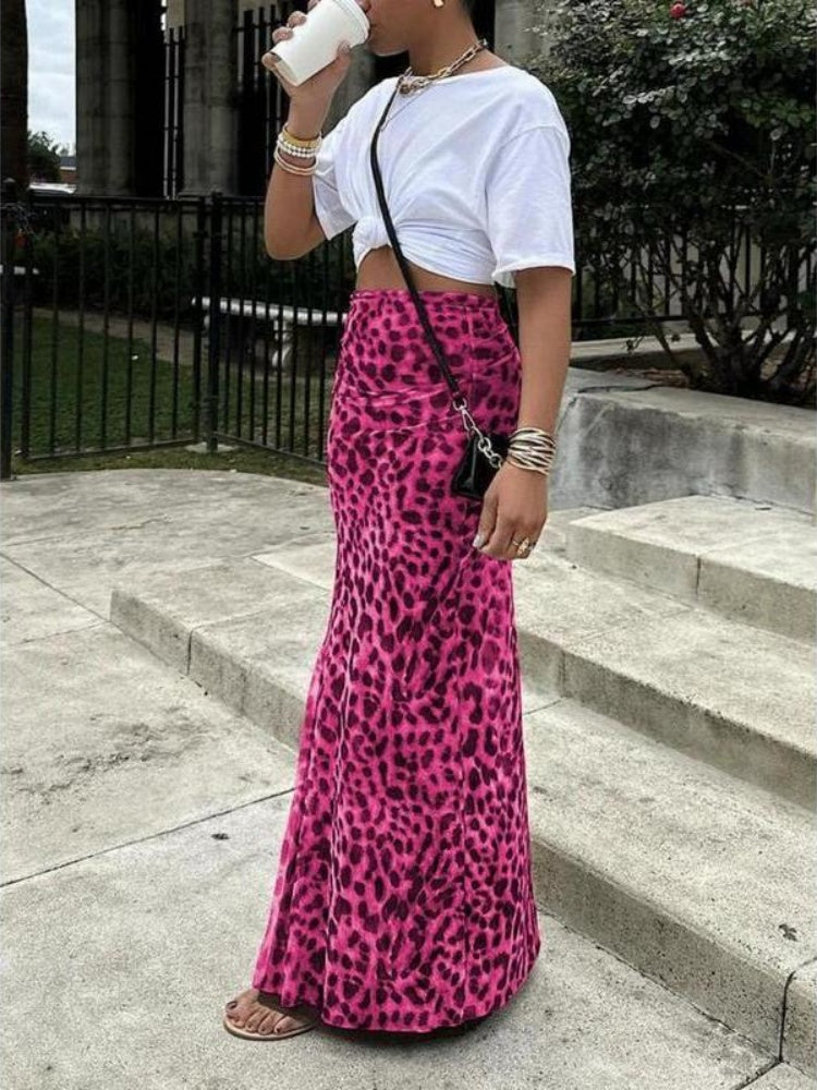 Leopard Print Mesh Mermaid Maxi Skirt