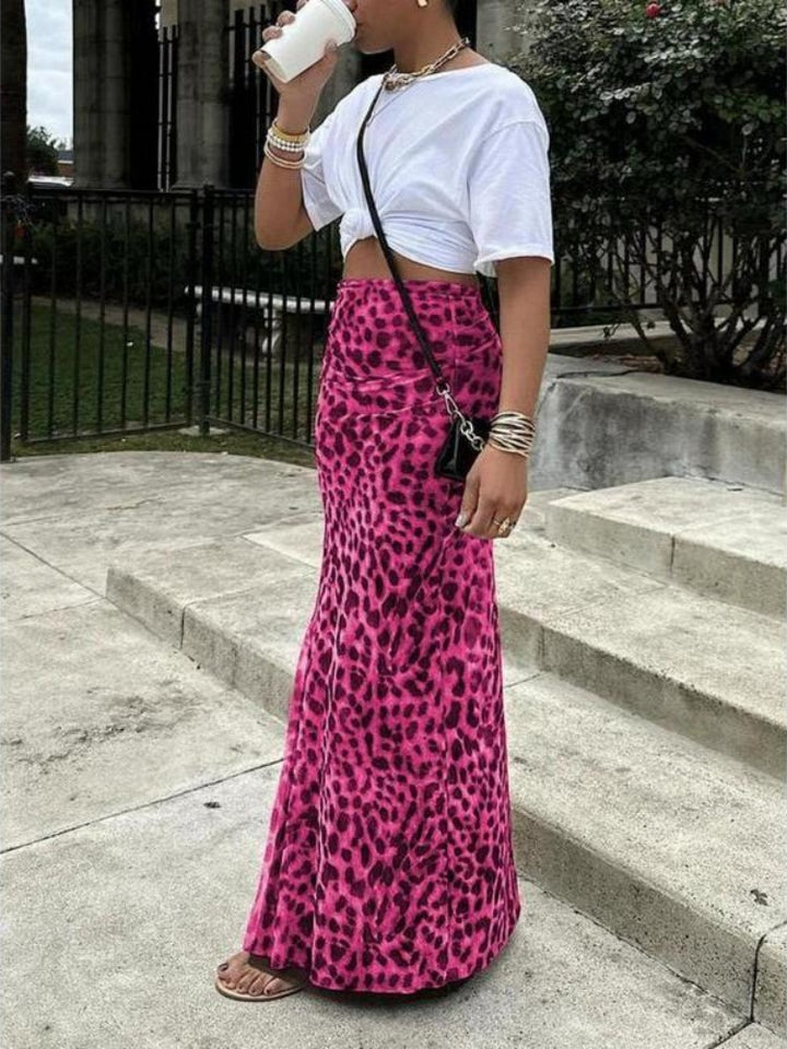 Leopard Print Mesh Mermaid Maxi Skirt