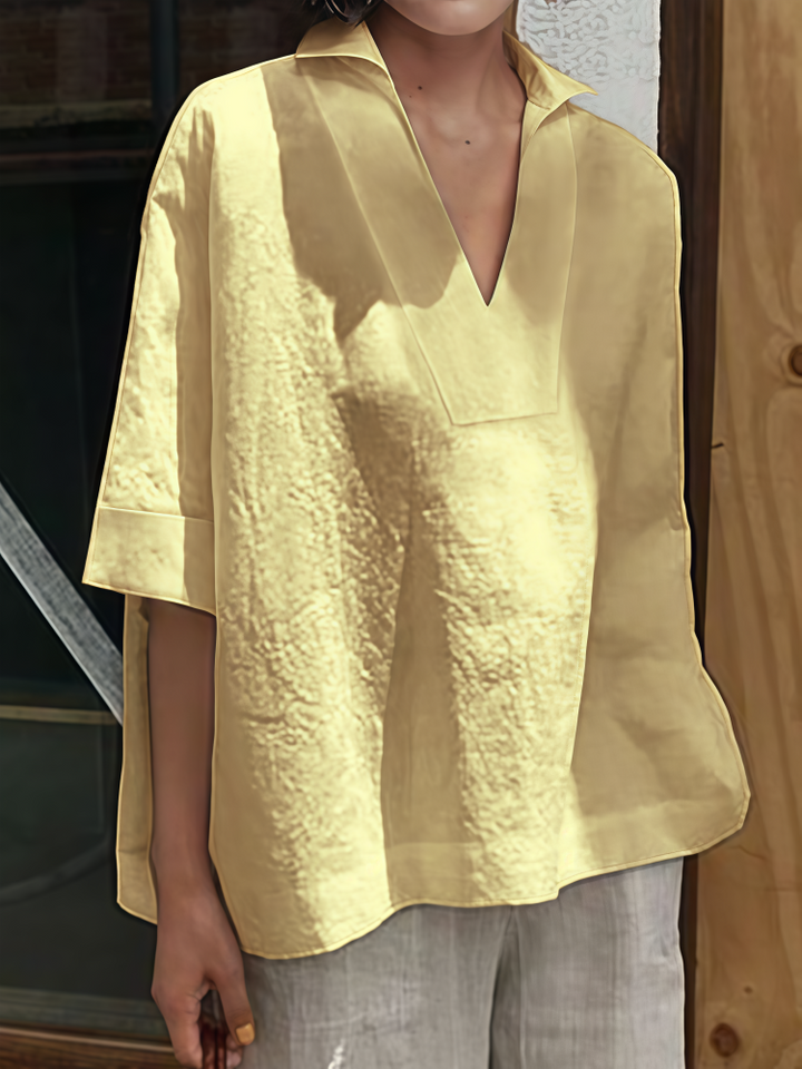 Oversized Linen Blend Collared V-Neck Blouse