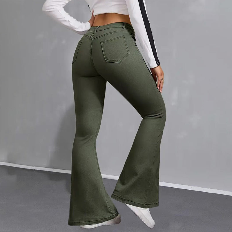 Elastic flared patchwork multi-pocket jeans