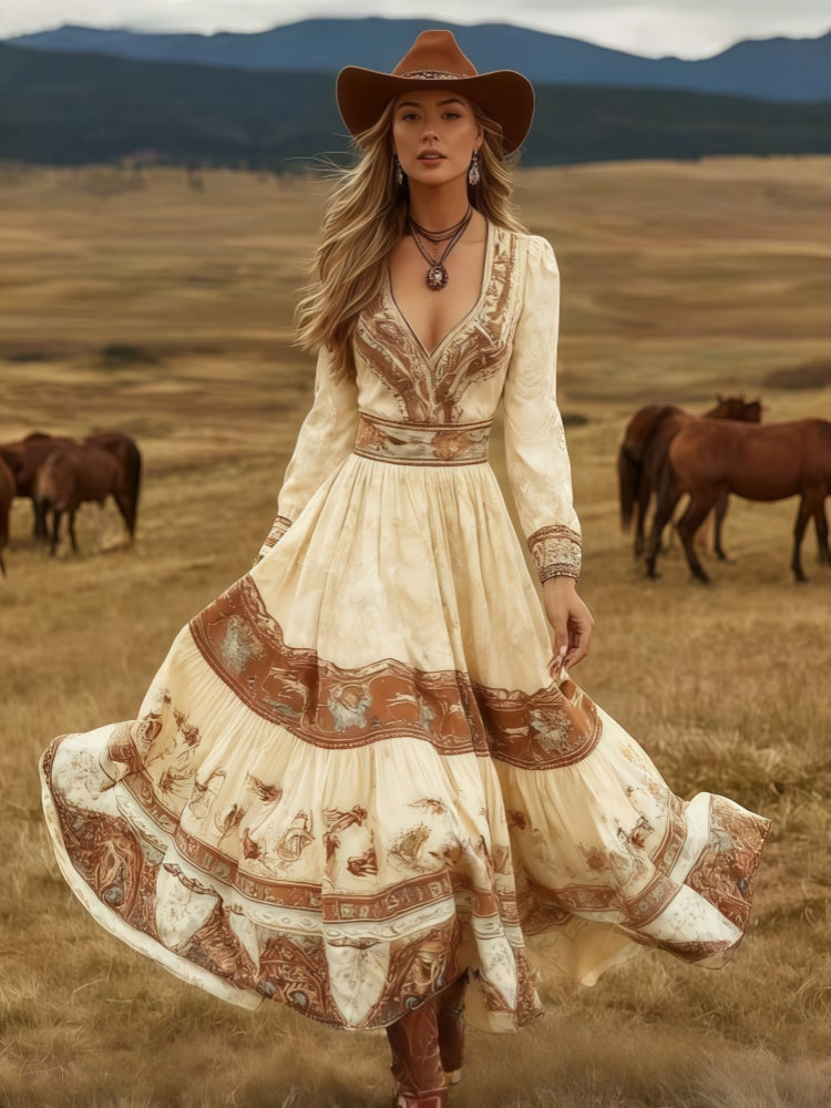 Boho Western Long Sleeve V-Neck Tiered Maxi Dress