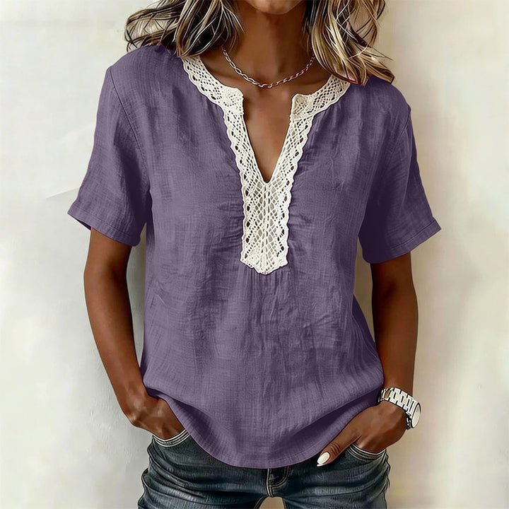 100% Cotton Casual Loose Lace Collar Short-Sleeved Top