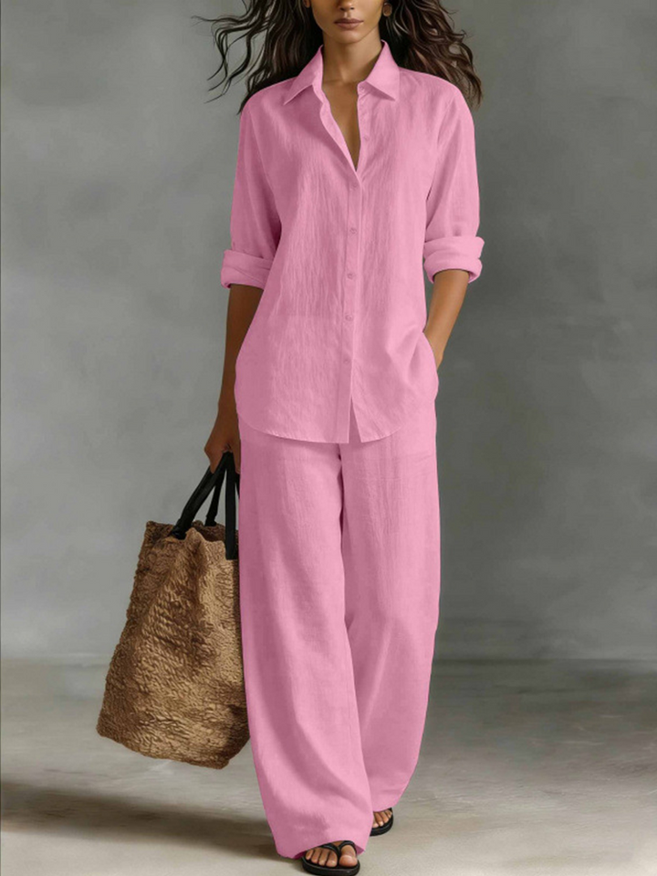 Women Linen Shirt Wide Leg Pants Vacation Two Piece Set