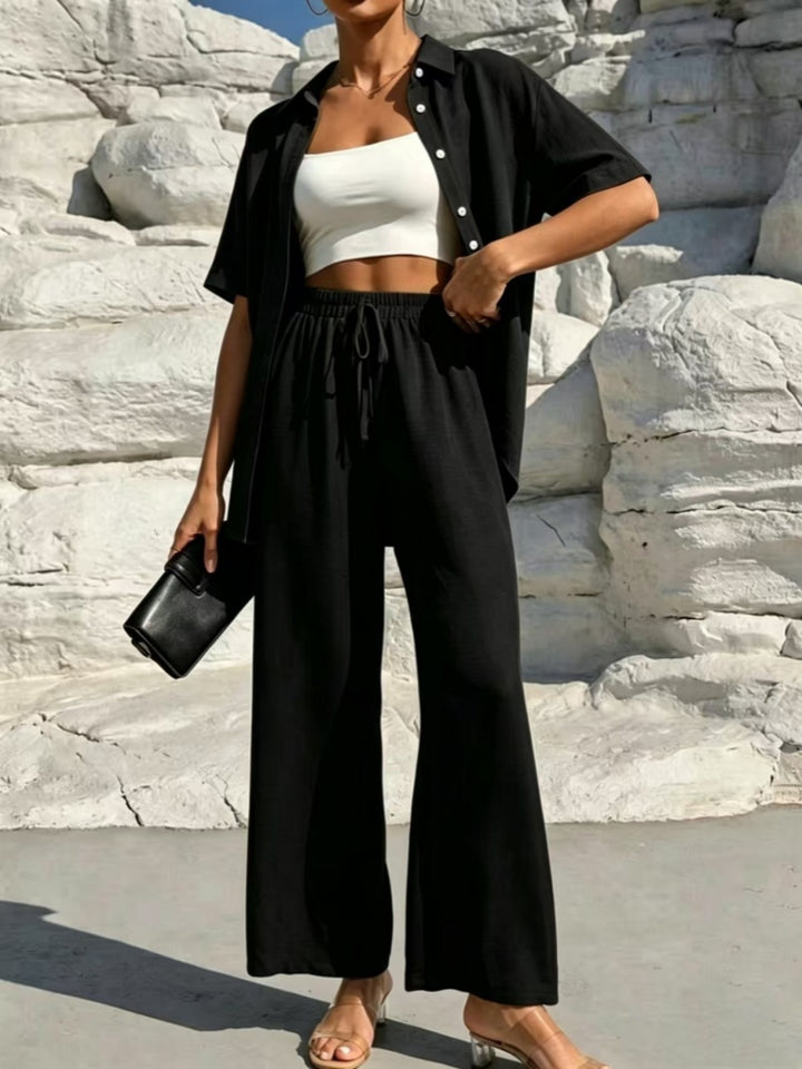 Stylish and casual solid color shirt and trousers two-piece women&
